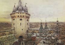 Семиверхая угловая башня Белого города в XVII веке. 1924. Акварель, уголь, карандаш