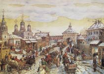 У Мясницких ворот Белого города в XVII веке. 1926. Акварель, уголь, карандаш
