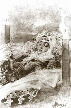 Тамара в гробу. 1890-1891. черн. акв., белила.